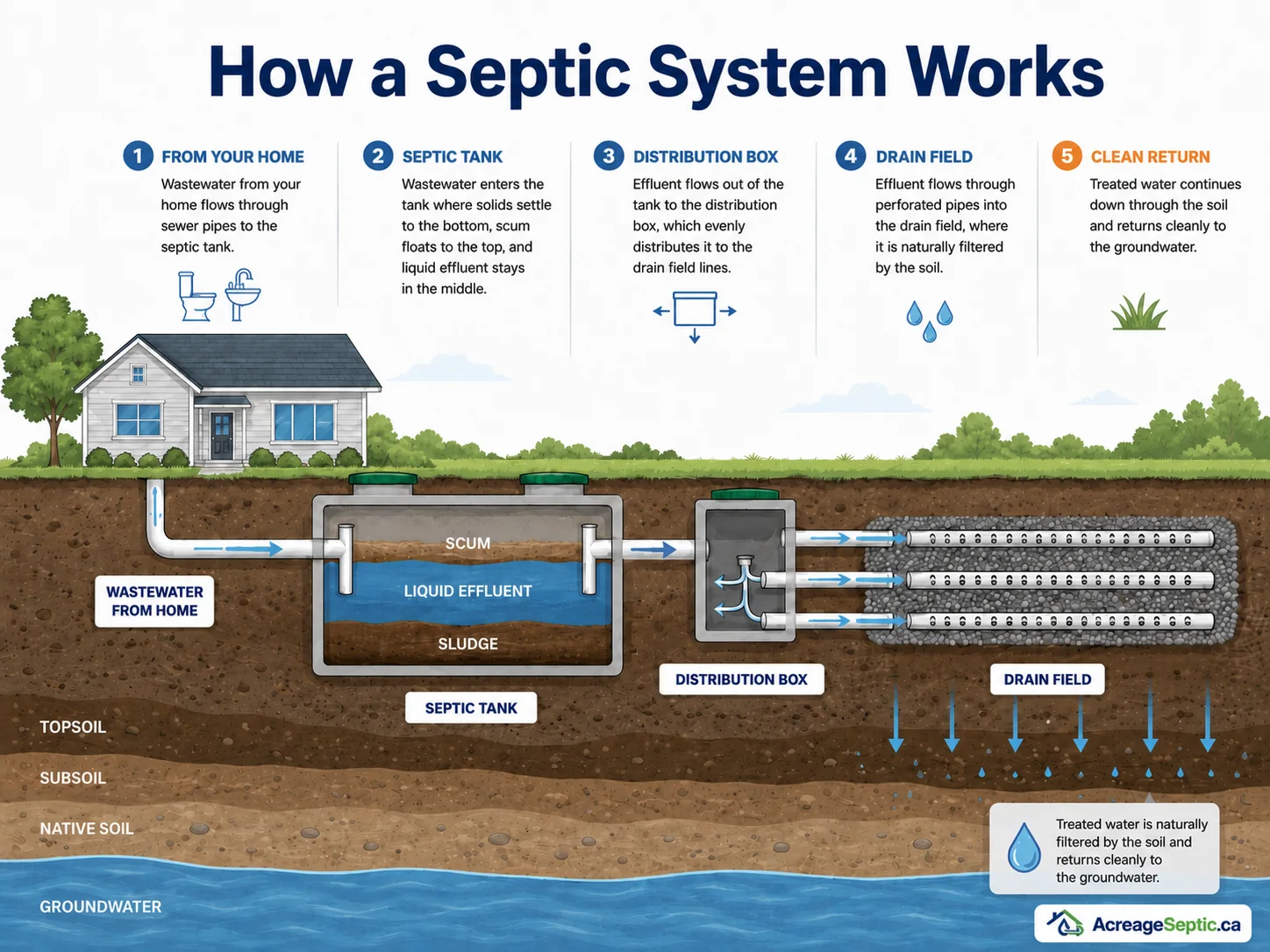 Diagram showing how wastewater flows from a home through a septic tank, distribution box and drain field.